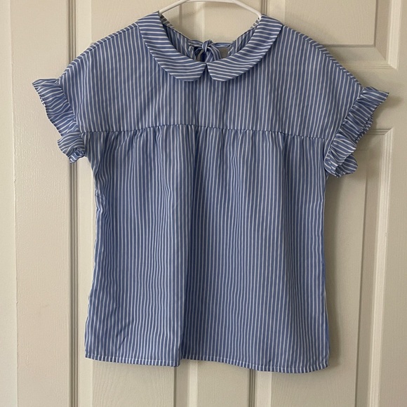 $2! 5 for $10 🔥Shein Blue Striped Boxy Blouse with Ruffle Sleeves Sz S - Picture 1 of 7